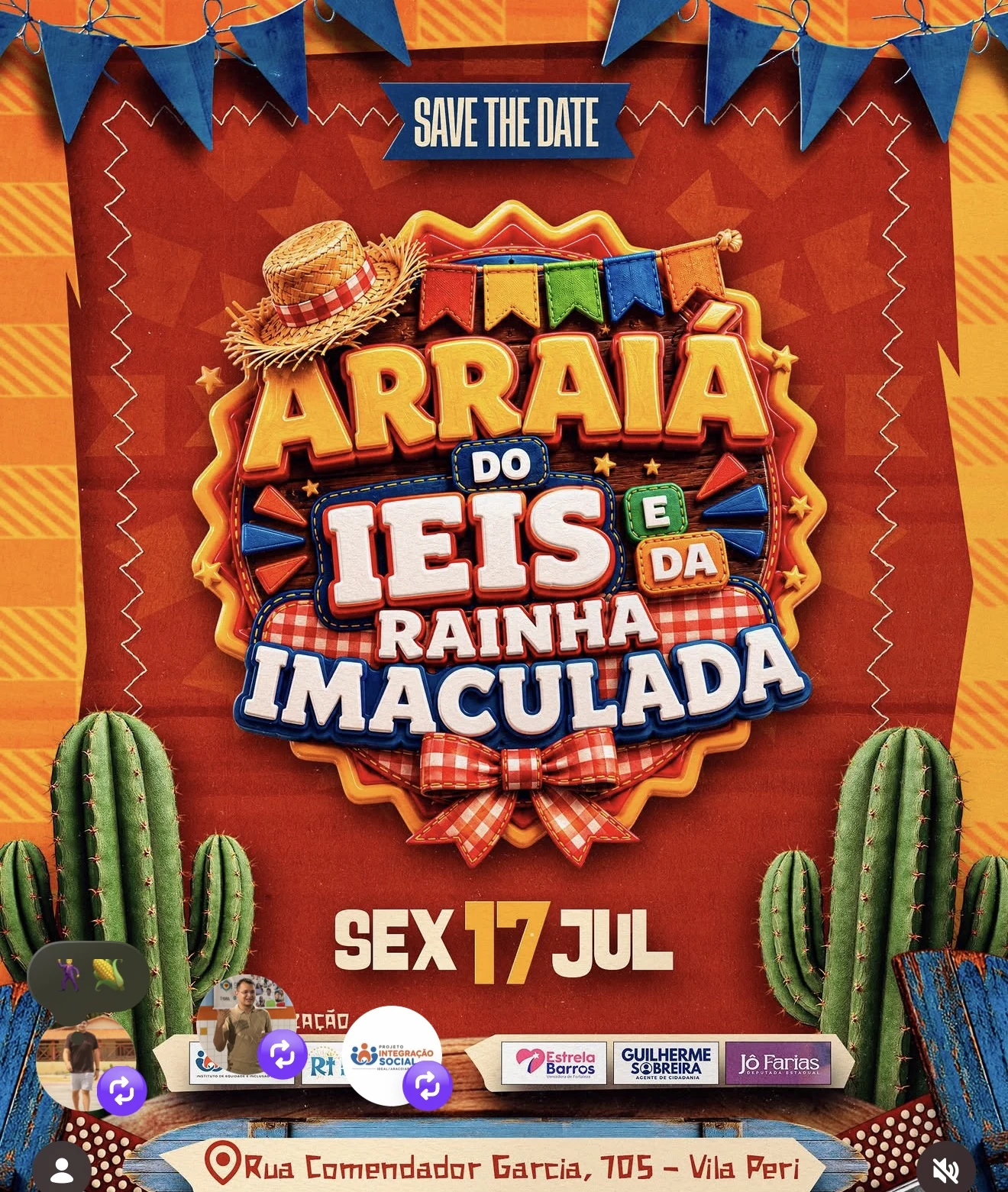 Cartaz do Arraiá do IEIS e da Rainha Imaculada, apresentando a programação da celebração junina · 2026
